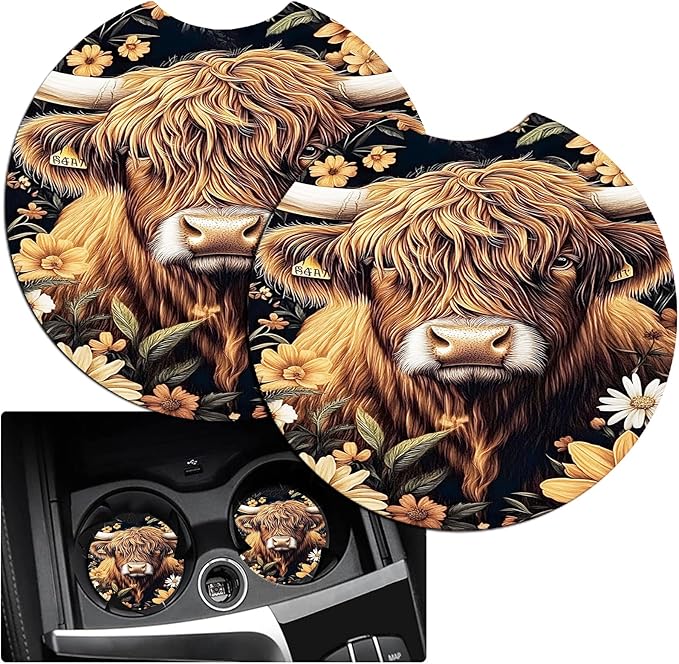 JANENFNA Car Armrest Cover Pads Universal Fashion Cute Auto Center Console Armrest Cover Pad with 2PCS Car Coasters Soft Waterproof Car Armrest Seat Protector for Women,Highland Cow with Flowera