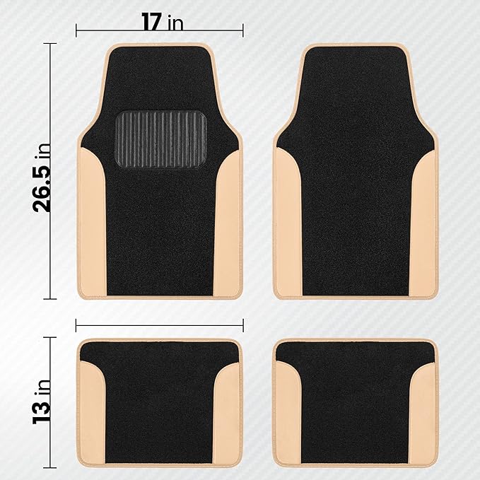 BDK Carpet Floor Mats for Cars, Two-Tone Carpet Car Mat with Faux Leather Accents, Automotive Floor Mat Sets with Built-in Heel Pad, Stylish Interior Car Accessories Beige