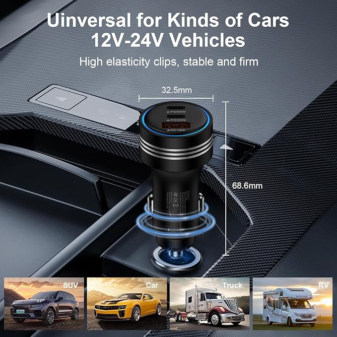 Samsung Galaxy S25 Edge Car Charger,78W 3Port Super Cigarette Lighter Adapter Fast Charging for Galaxy S25 Ultra A36 A17 A16 S24 S23 S22 S21 S20 10, USB C Car Phone Charger for iPhone 16 15 Pro Max