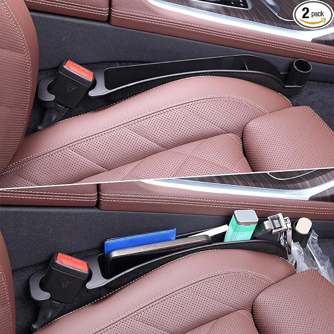 Supin Car Seat Gap Filler Set of 2, Multifunctional Seat Side Gap Filler with Organizer & Hook Function& 2 Storage for Stabilizing Phone,Keys Wallet, Fill The Gap Between Seat & Console (Black)