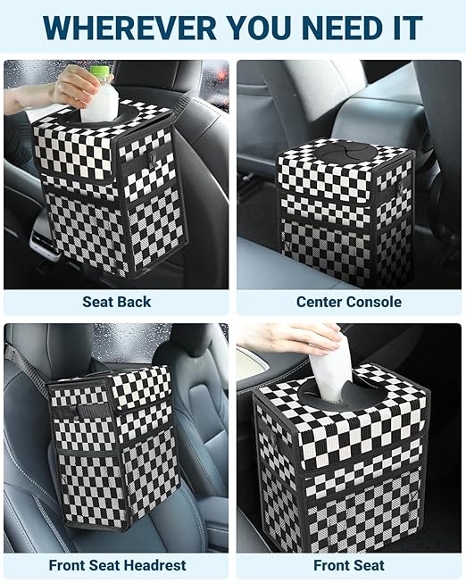 Capolo Car Trash Can with Lid, Leakproof Car Trash Bag Hanging Waterproof Automotive Garbage Can with Storage Pockets Mini Vehicle Trash Bin for Back/Front Seat(Corduroy Black Checkerboard,2.5 Gallon)