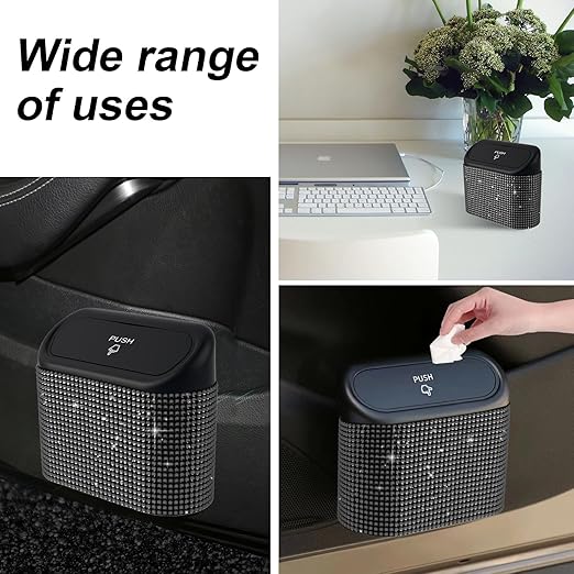 Bling Car Trash Can with Lid Mini Auto Garbage Bin Rhinestone Hanging Vehicle Trash Container Odor Proof Organizer (Black)