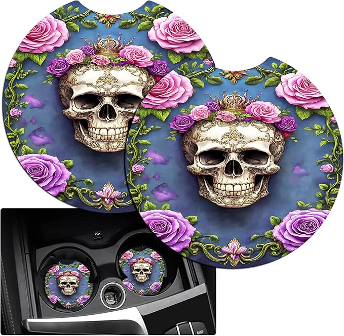 JANENFNA Car Armrest Cover Pads Universal Fashion Cute Auto Center Console Armrest Cover Pad with 2PCS Car Coasters Soft Waterproof Car Armrest Seat Protector for Women,Skull with Pink Roses