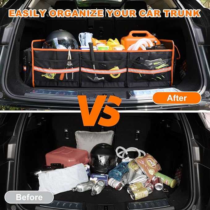 SKYJDM 95L Car Trunk Organizer with Removable Cooler Bag, Collapsible Trunk Storage Organizer with Removable Lid - Multi Compartment Waterproof Storage Organization, Fits Most Car, Truck, Orange