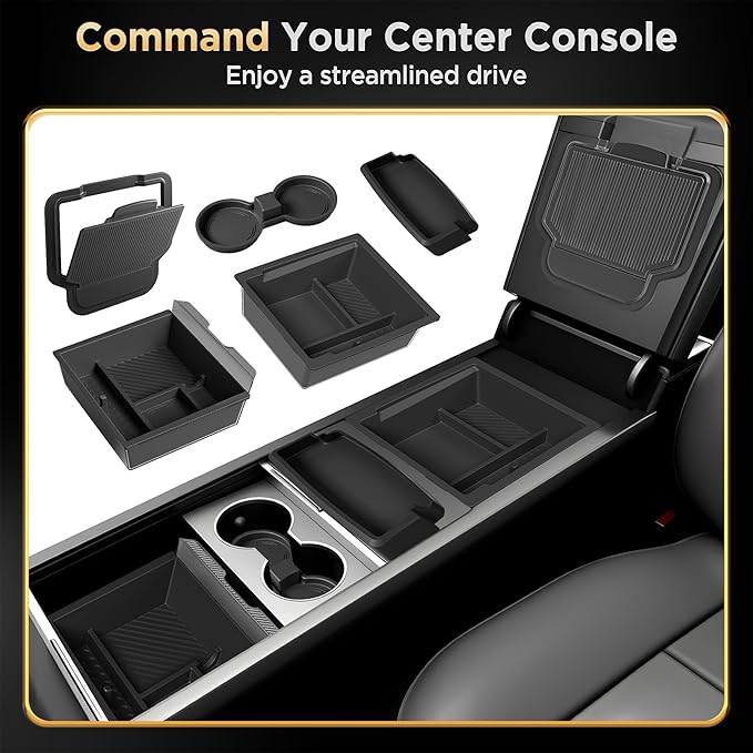 QINQINTU for Tesla Model Y Juniper(2025-2026) & Model 3 Highland(2024-2026) Center Console Organizer [Slide Smoothly & Carbon Fiber] Sunglasses Cup Holder for Tesla Model 3 Model Y Accessories Black