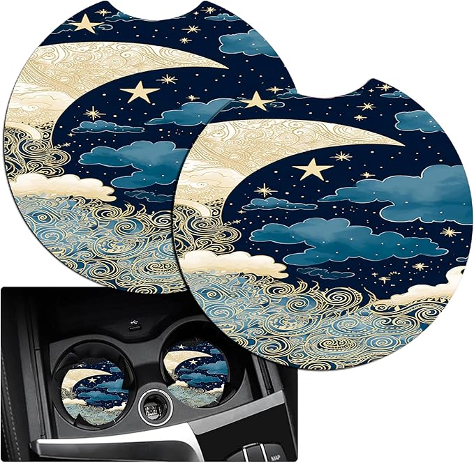 JANENFNA Car Armrest Cover Pads Universal Fashion Cute Auto Center Console Armrest Cover Pad with 2PCS Car Coasters Soft Waterproof Car Armrest Seat Protector for Women,Blue Gold Moon Stars