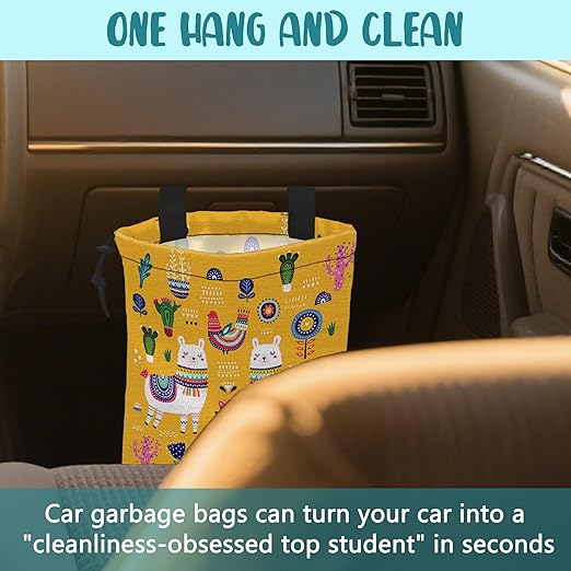 KXWQTRDD Car Garbage Bag Llama Flowers and Birds Drawstring Car Trash Bag Hanging for Back Seat with Adjustable Buckle Canvas Vehicle Trash Can Easy-to-Install