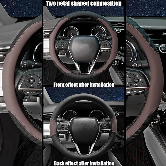 Mihecor Steering Wheel Cover Standard Size Medium 14.5-15 inch, Breathable Microfiber Leather, Anti-Slip, Soft Grip, Universal Fit for Cars SUVs Trucks, Black and Chocolate Brown