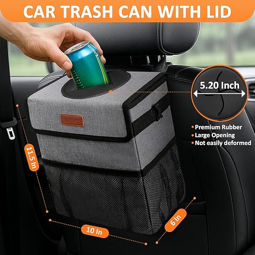 Vankor 3 Gallons Car Trash Can with Lid, Car Trash Bag Bin Hanging Waterproof Automotive Garbage Cans Leak Proof Vehicle Can Grey