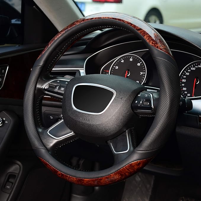 KAFEEK Small Size 14 inch Wood Grain Steering Wheel Cover, Black Microfiber Leather, Compatible for Prius Civic 14-14.25 inch Steering Wheel