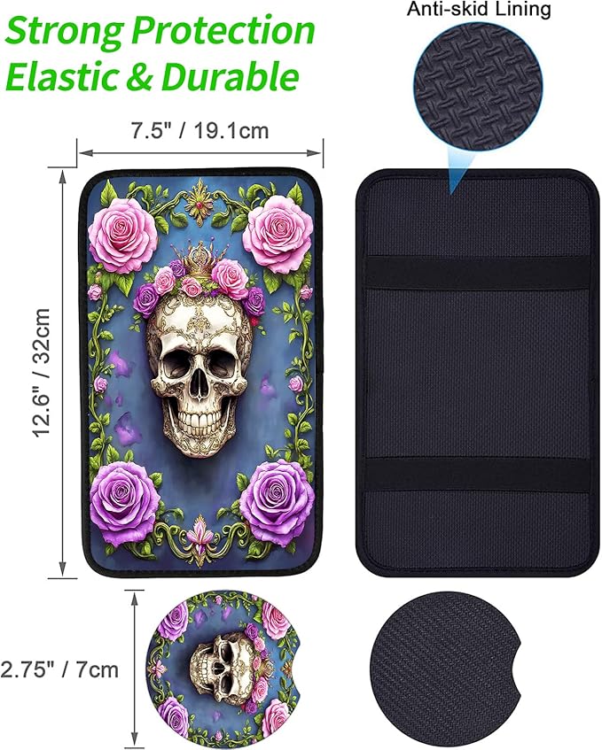 JANENFNA Car Armrest Cover Pads Universal Fashion Cute Auto Center Console Armrest Cover Pad with 2PCS Car Coasters Soft Waterproof Car Armrest Seat Protector for Women,Skull with Pink Roses