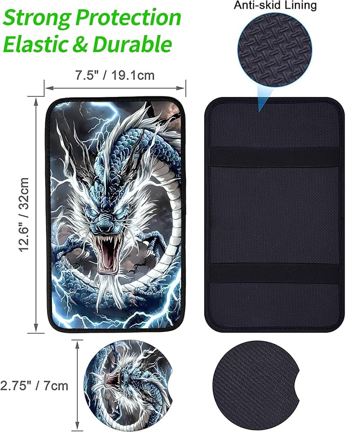 JANENFNA Car Armrest Cover Pads Universal Fashion Cute Auto Center Console Armrest Cover Pad with 2PCS Car Coasters Soft Waterproof Car Armrest Seat Protector for Women,Thunder Dragon-A