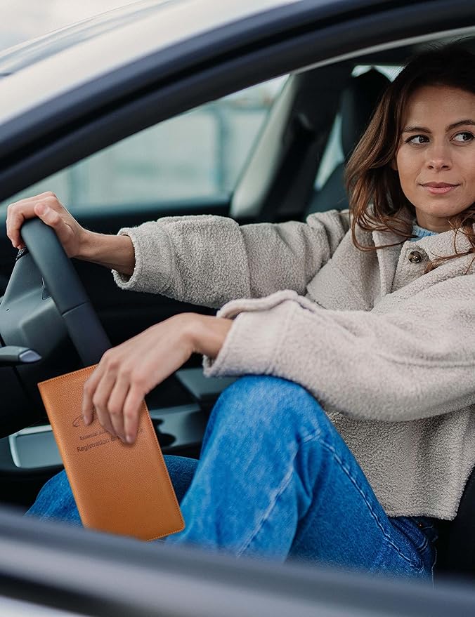 Yarnic Car Registration and Insurance Holder, Car Document Holder with Magnetic Closure, Car Organizer Vehicle Glove Box Compartment Organizer, Car Wallet Case for Men Women(Tan)