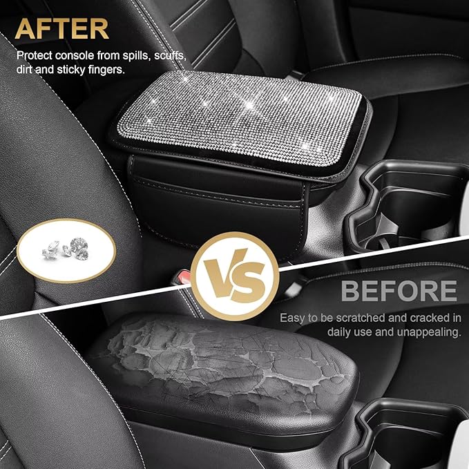 Bling Center Console Cover Fit for Toyota Avalon with 2 Storage Bags Fully Diamond-Studded Style Center Console Armrest Cover with Total Protection(Silver Diamond)