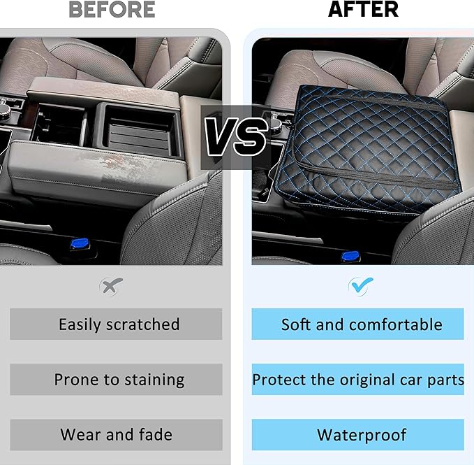 SENSHINE Center Console Armrest Cover for Toyota Tundra 2022-2026/Sequoia 2023-2026 Armrest Seat Stroage Box Cushion Lid Protector Pad with Zipper Leather Interior Accessories, Blue Stitches
