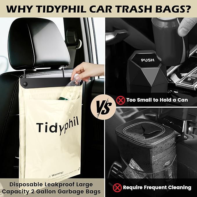 150 PCS Disposable Car Trash Bags Hanging, Leak-proof, Odor Seal. 2 Gallon Car Garbage Bags, Big Capacity. Independent of Car Trash Can, Easy Stick-On Car trash Bin for Car, SUV, Truck, Stroller.White