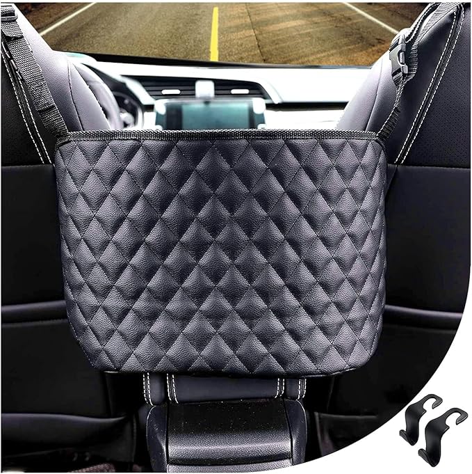 Car Net Pocket Handbag Holder Between Seats, Large Capacity Car Bag Purse Holder, with 2 Headrest Hooks, Heightened Front Railing, Leather Material, Reinforced Wiring, Rear Backseat Organizer
