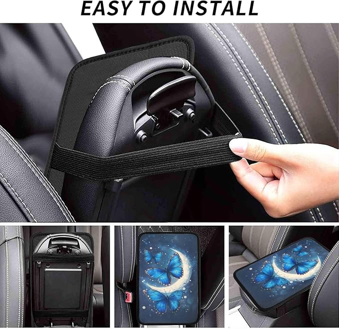 Universal Car Center Console Cushion Pad, Blue Butterfly Moon Soft Waterproof Car Center Console Cover Auto Armrest Seat Box Cover Protector for Most Vehicle SUV Truck Car