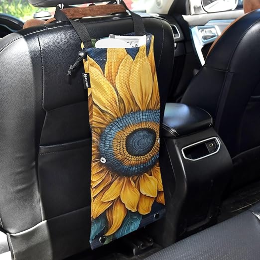 ALAZA Hanging Car Trash Bags Garbage Bag Trash Can for Back Seat Small Sunflower 2 Washable Storage Bag Retractable 2 Pack