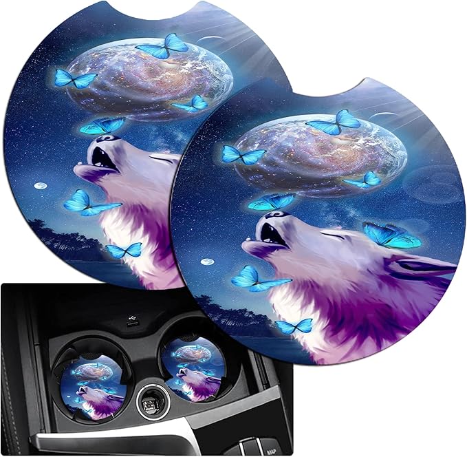 JANENFNA Car Armrest Cover Pads Universal Fashion Cute Auto Center Console Armrest Cover Pad with 2PCS Car Coasters Soft Waterproof Car Armrest Seat Protector for Women,Growling Wolf Butterfly
