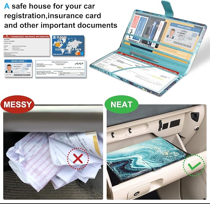 DMLuna Car Registration and Insurance Holder, Leather Vehicle Card Document Glove Box Organizer, Auto Truck Compartment Accessories for Essential Information, Driver License Cards, Blue/Green Marble