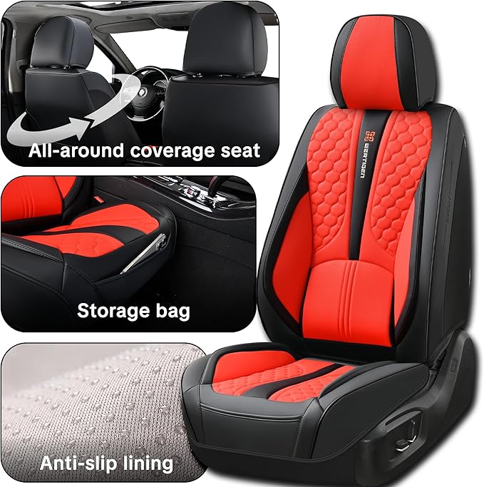 Wertigen Red Car Seat Covers Full Set – Luxury Waterproof Leather Auto Seat Protector with Airbag Compatible Design, Breathable Non-Slip Cushion, Easy Installation, Fits Most Cars