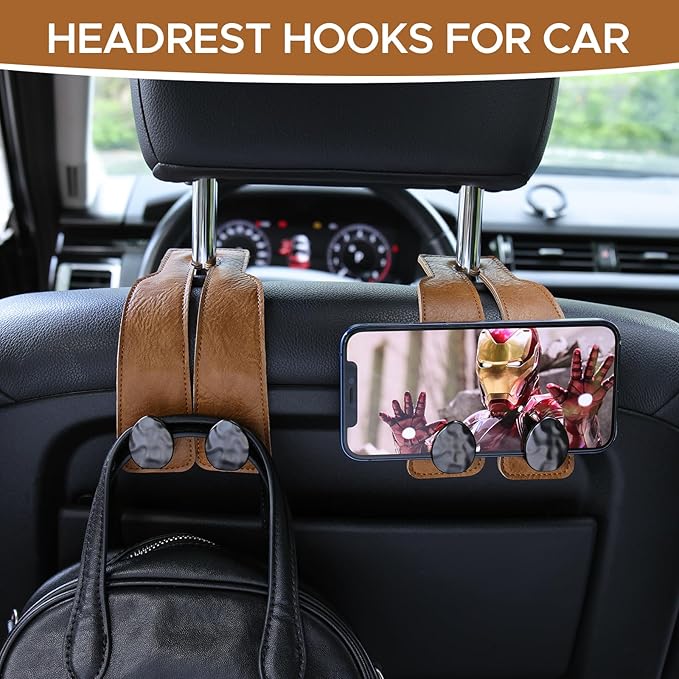URIZZD 2PCS Leather Car Seat Hooks for Headrest, Vehicle Hanger Storage Organizer Universal for Handbag Purse, Car Accessories Gift (Brown-Black)