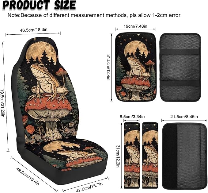 Psesaysky 5 Piece Car Accessories Set Mushroom Frog Comfort Front Seats Covers Set of 2, Car Seat Belt Pads with Center Console Armrest Cushion Universal Fit Most Truck SUV Van