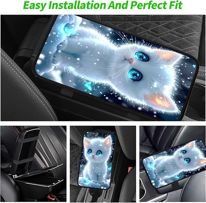 JANENFNA Car Armrest Cover Pads Universal Fashion Cute Auto Center Console Armrest Cover Pad with 2PCS Car Coasters Soft Waterproof Car Armrest Seat Protector for Women,Snow White Kitten