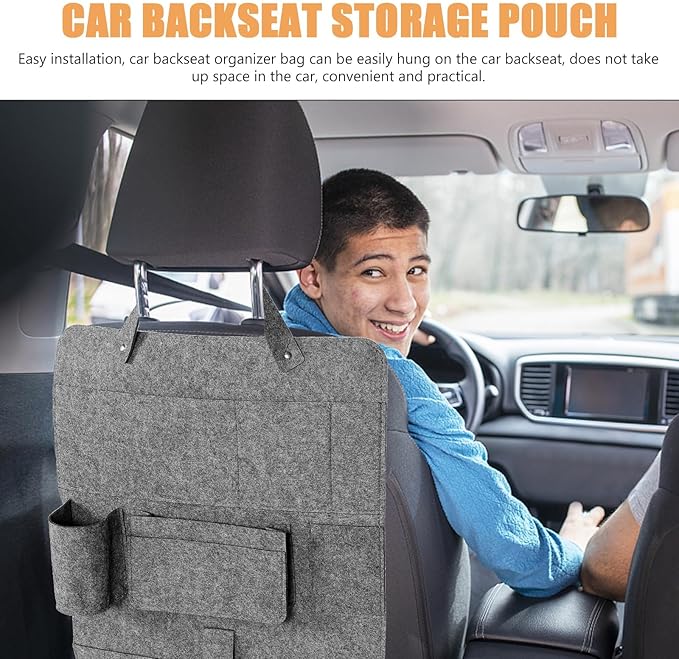 Car Backseat Organizer Bag Hanging Felt Storage Pouch with Kick Protection for Car Seat Back, Medium Gray Small Size, Automotive Interior Storage Solution