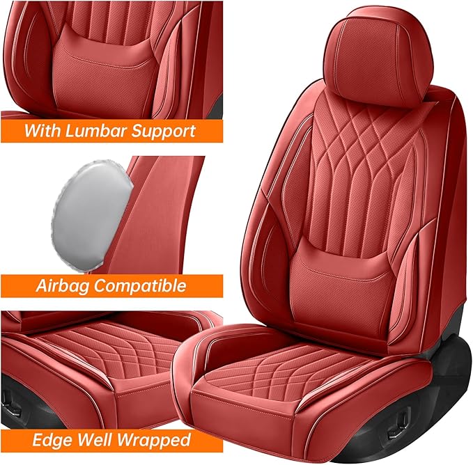 GEZHOUBA Red Car Seat Covers Front Seats, Luxury Leather Automotive Front Seat Covers with Lumbar Support, Waterproof Full Wrapped Red Seat Covers Universal Fit for Most Cars Sedans SUVs