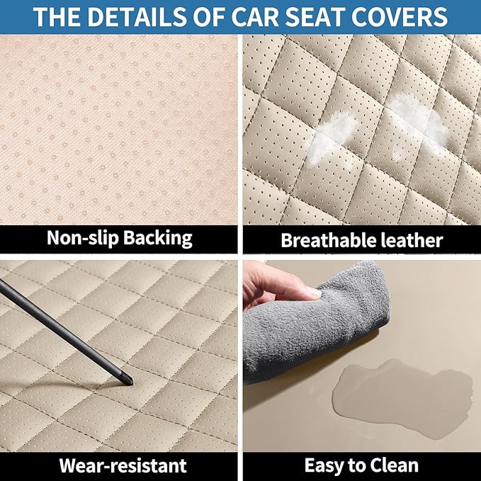hoozoom Leather Car Seat Covers Full Set Breathable Automotive Seat Covers Waterproof Seat Protectors Universal Fit for Most Automotive Cars SUV Trucks Van (Beige, Full Set)