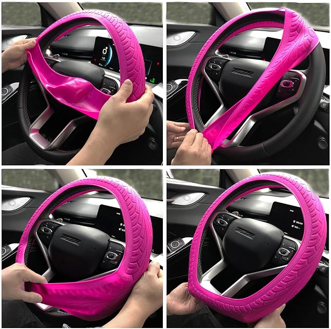 Universal Pink Steering Wheel Cover：13.5 to 15 Inches Stretchable Silicone Anti Skid Steering Wheel Protector Fit for Most Car Models Including Round D Shape or Special Shape