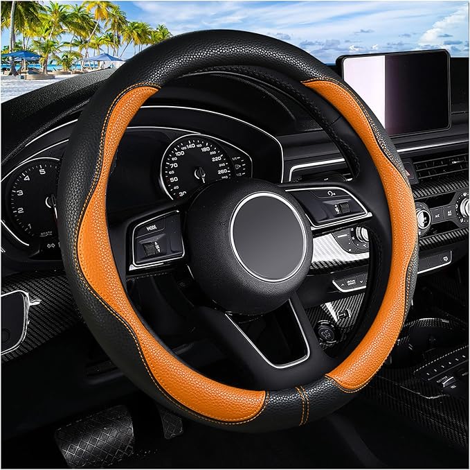 Steering Wheel Cover, Anti Slip Breathable Comfort PU Imitation Leather Cute Car Accessories for Women Girl, Universal Protector in All Season 15 inch Fit Most Car(Orange)