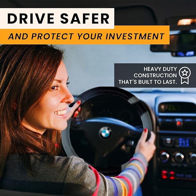 Gorla Gear Gray Leather Neoprene Steering Wheel Cover Women Men, Easy Fast Installation, Grey Universal Fit 14.5 15 15.5 Inch, Anti-Slip Safer Grip Car Accessories for Automobile Truck SUV Van