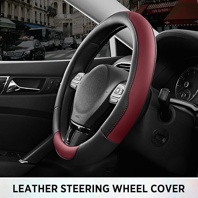Road Comforts Steering Wheel Cover, Breathable Anti-Slip Leather Steering Wheel Cover, Universal Fit 14.5–15 Inch, Comfortable Grip - Redwine Color
