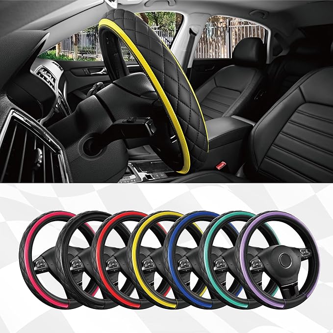 Road Comforts Leather Steering Wheel Cover – Black & Yellow, Universal Fit 14.5-15 Inch, Microfiber Leather, Anti-Slip & Breathable Design for Men and Women