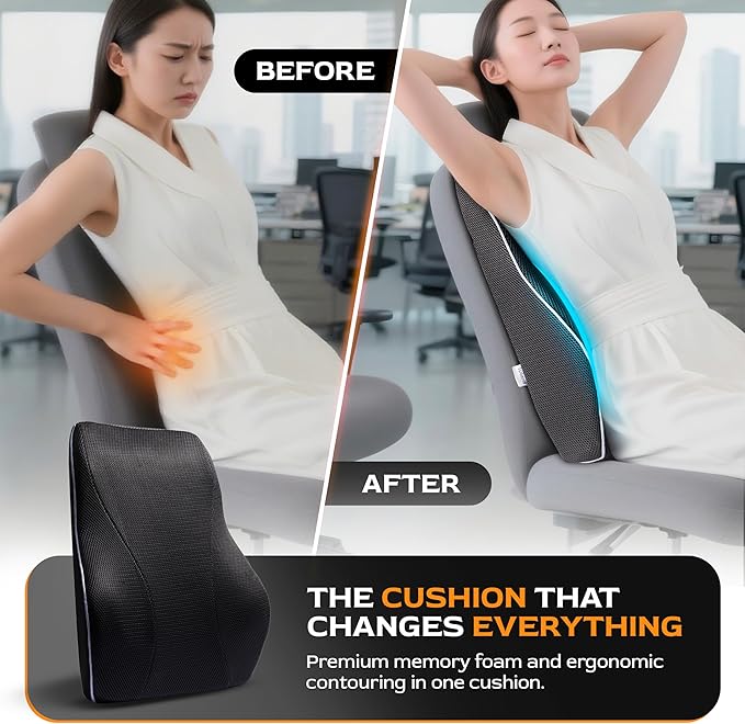 TULARIS Extra Dense Lumbar Pillow with Double Adjustable Straps - Ergonomic Lumbar Support Pillow for Office Chair, Car, Couch Firm Back Support for Lower Back & Spine Pain Relief Memory Foam Cushion