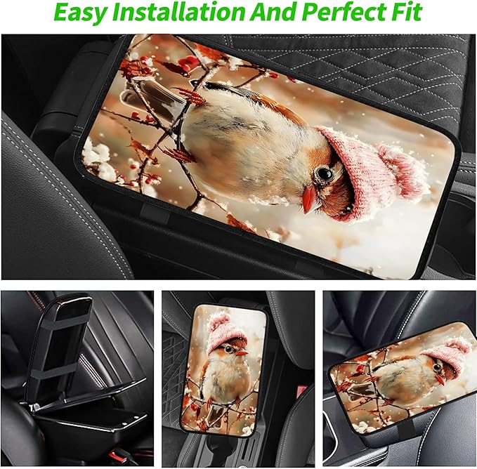 JANENFNA Car Armrest Cover Pads Universal Fashion Cute Auto Center Console Armrest Cover Pad with 2PCS Car Coasters Soft Waterproof Car Armrest Seat Protector for Women,Bird in Pink Hat