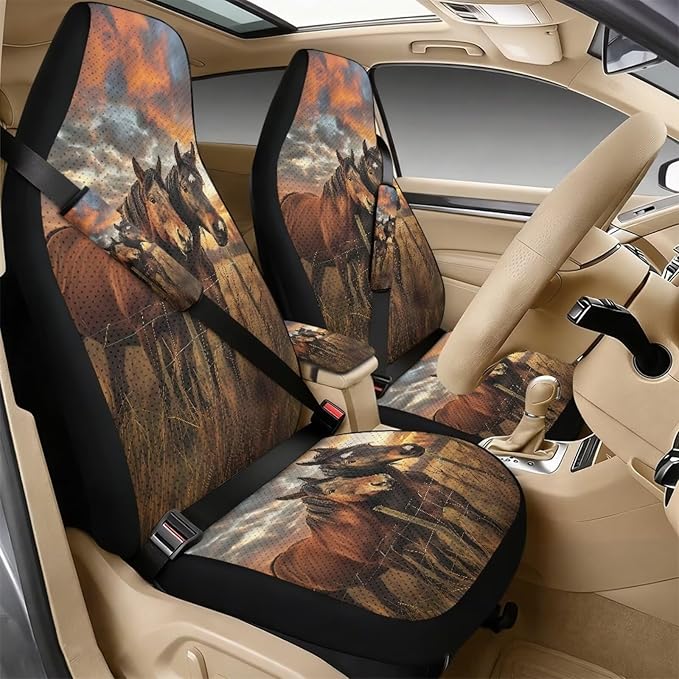 Qeluxign Sunset Horses Air Mesh Car Seat Covers & Accessories 5-Piece Set 2 Seat Covers, 2 Shoulder Belt Pads, 1 Console Pad PU Leather Car Interior Set for Women