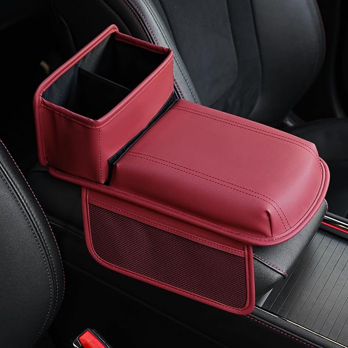 JEYODA Upgraded Car Armrest Cover,Premium Leather Car Armrest Cover Cushion with Storage Holder, Caddy for car (red)