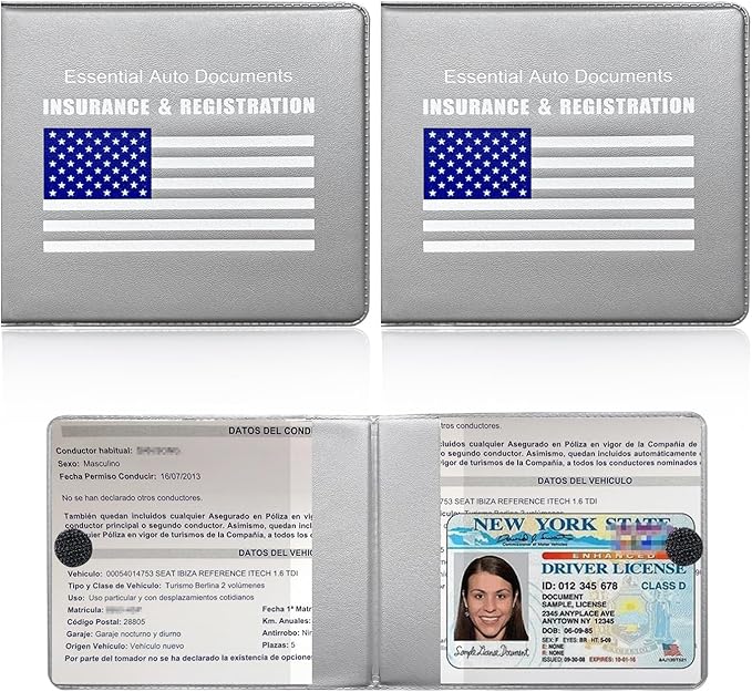 Ziciner Car Registration Insurance Holder, 2Pack Essential Auto Card Document Glove Box Organizer with Touch Fastener, Vehicle Interior Accessories Perfect for Most Car, Truck, SUV (Gray/Blue Flag)