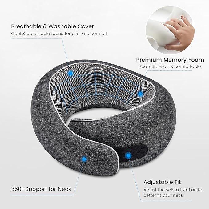 4litamz Travel Neck Pillows, 100% Memory Foam Filling, Travel Pillows for Airplanes, Compact and Ergonomic Design, Best for Sleeping Plane Train Travel Essentials (Light Black)