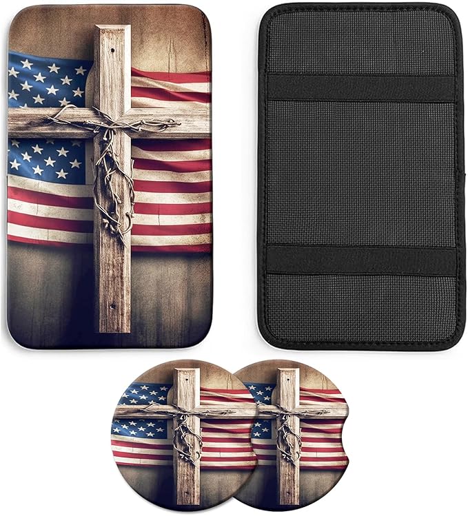 JANENFNA Car Armrest Cover Pads Universal Fashion Cute Auto Center Console Armrest Cover Pad with 2PCS Car Coasters Soft Waterproof Car Armrest Seat Protector for Women,Wooden Cross Flag