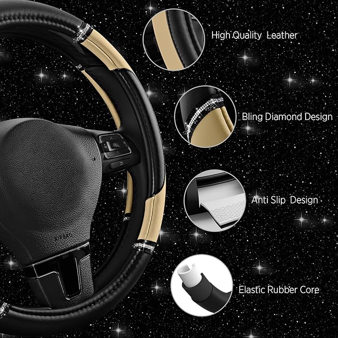 Road Comforts Leather Steering Wheel Cover - Made with PVC Leather - Anti-Slip, Universal Fit 14 1/2 inches to 15 inches - Beige