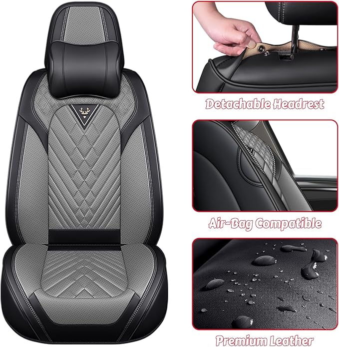 LPDK Fit for Kia Sportage Car Seat Covers Front Set 2pcs with Waterproof Leather,Lumbar Muscle Pain Healing Function,Airbag Compatible Automotive Breathable Seat Protectors(Grey Black with Pillow)
