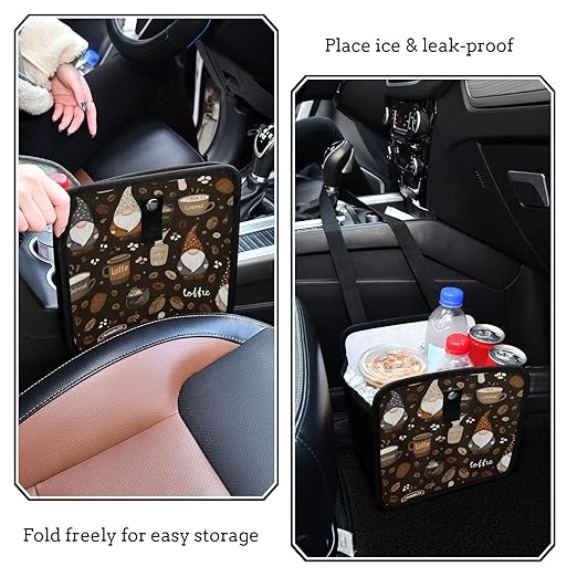 Car Trash Can Organizer Bin with Adjustable Strap for Back Front Seat Console Waterproof Leakproof Collapsible Portable 8.66 Inch Brown Gnomes Coffee Beans Cups