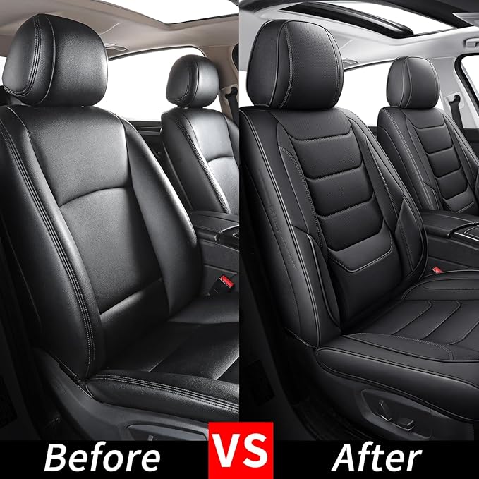 hoozoom Leather Car Seat Covers Waterproof Front Seat Covers Breathable Seat Protectors Universal Fit for Most Automotive Cars SUV Van Trucks (Black,Front Pair)