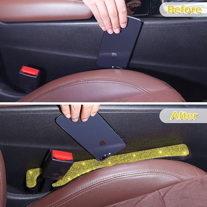Briwill Bling Car Seat Gap Filler Yellow, 2 Pack Handmade Crystal Rhinestone Diamond Bling Gap Filler for Car SUV Truck Yellow Bling Car Accessories for Women(Yellow)