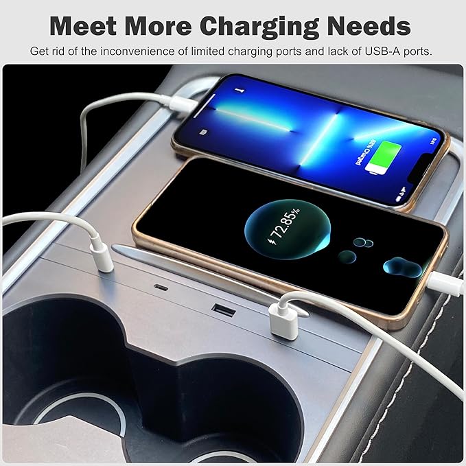 Car USB Hub Charger for Tesla Center Console with Fast Charging Retractable Cables Phone Charger Docking Station Accessories(Model 3 2021-2023 & Model Y 2021-2024)